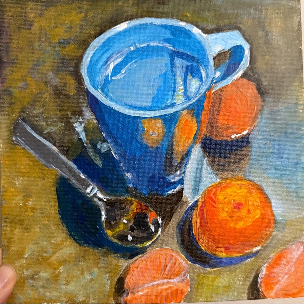 Blue Ceramic Mug with Oranges Art Painting on canvas panel, 8x8 inch